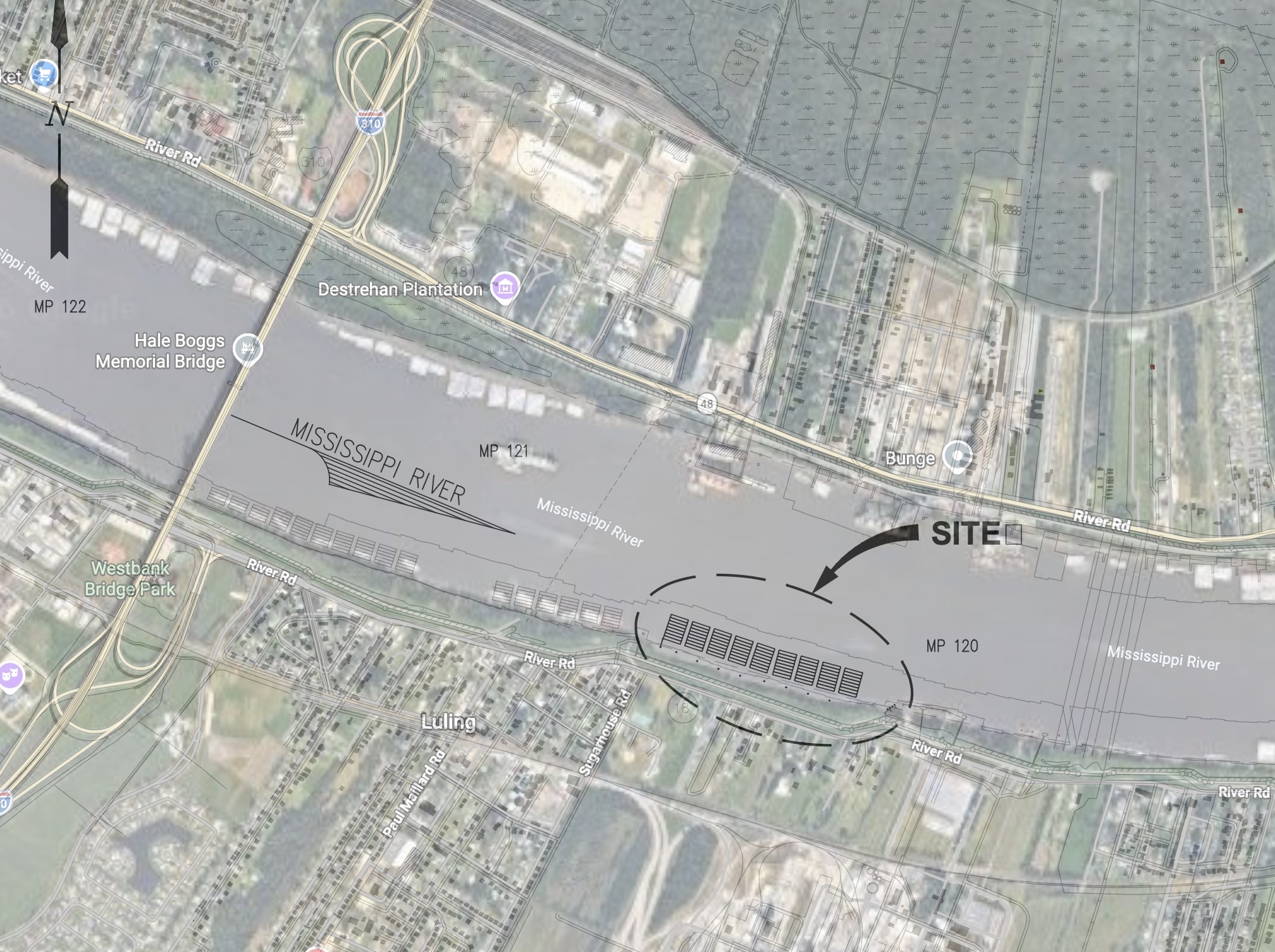 Satellite map showing the proposed GNOTS barge fleet site at Mississippi River Mile 120.5 in Luling, adjacent to IMTT's property